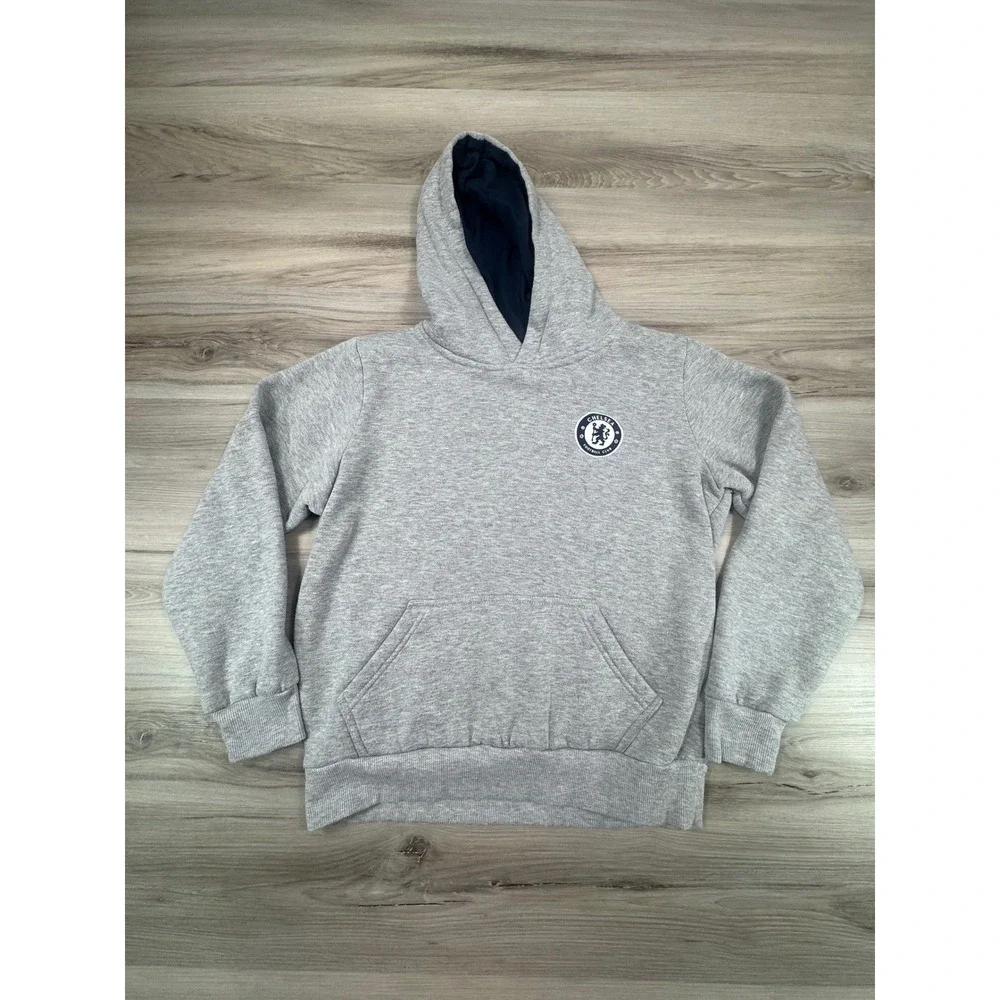 Chelsea FC Kids Hoodie Heather Gray Navy Blue Lined‎ Fleece Pullover no size tag